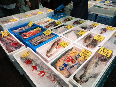 Variety of fish displayed on ice at a fishmonger in Borough Market in London, England