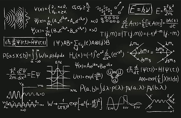 quantum physics on a blackboard - matematik formülü stock illustrations