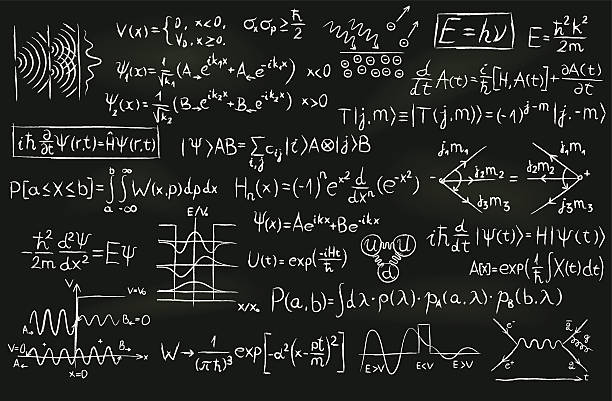 Quantum Physics on a Blackboard Formulas and sketches related to quantum physics written on a blackboard. physics stock illustrations