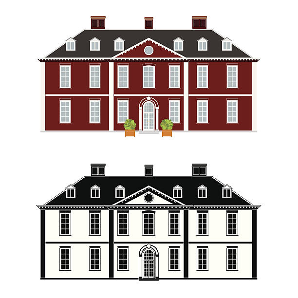 Queen Anne Style Mansion Mansion in 18th century Queen Anne style, color and black monochrome version on different layers estate stock illustrations