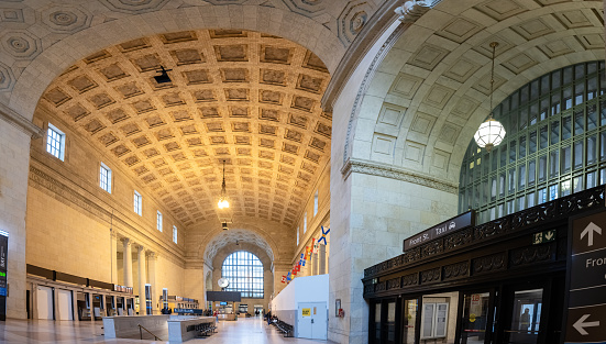 Toronto, Ontario, Canada - November 08, 2023:  The interior of Union Station in Downtown Toronto, showcasing the ornate design elements of the structure.