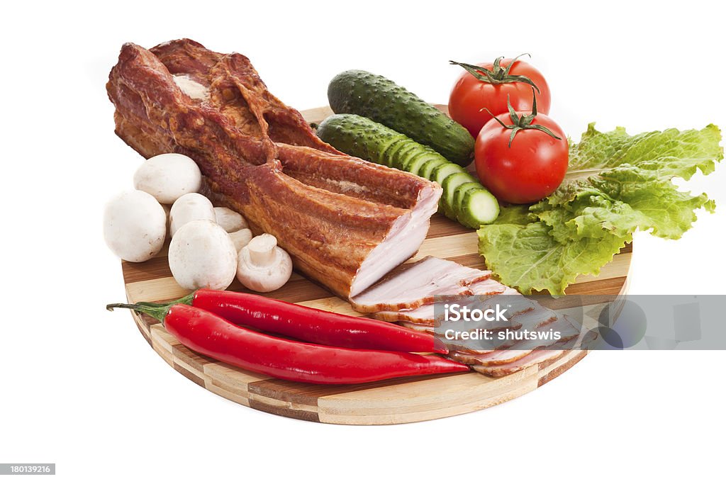 sausage on plate with vegetables sausage on plate with vegetables isolated on white Baked Stock Photo