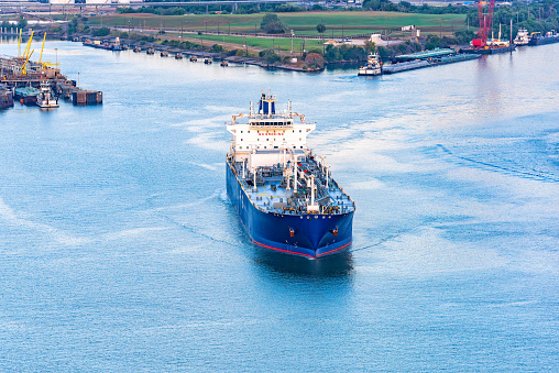 A large LPG tanker ship sailing from the refineries along the Houston Ship Channel toward the Gulf of Mexico shot via helicopter from an altitude of about 400 feet over the Buffalo Bayou.
