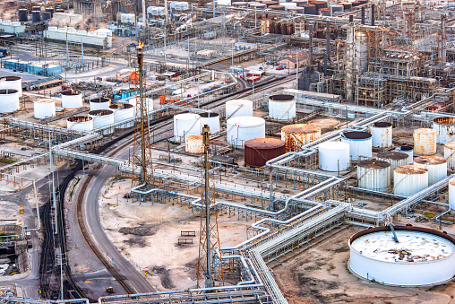 An oil refinery in Houston, Texas located along the Houston Ship Channel about 5 miles east of downtown shot via helicopter from an altitude of about 600 feet.