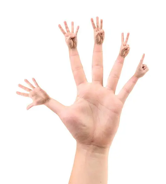 Five different configurations of fingers on five-fold. White background.