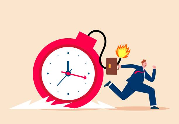 deadline'y, zbliżające się deadline'y w pracy, zarządzanie czasem, produktywność, bomby zegarowe goniące uciekających biznesmenów - bomb time bomb time clock stock illustrations