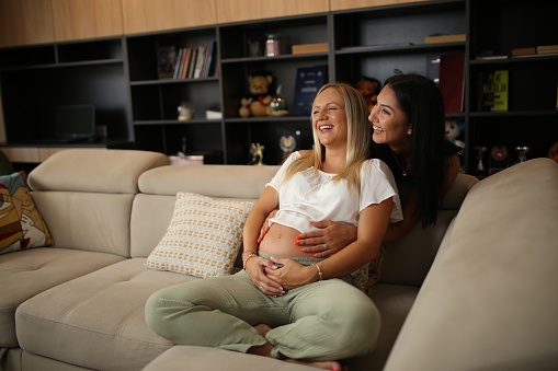 Portrait of a pregnant woman and her friend at home