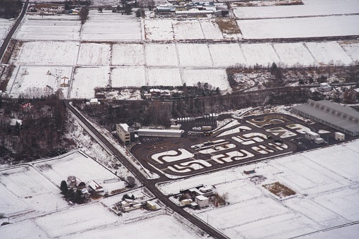 Hokkaido, Japan - November 15, 2023: Aerial view of Asahikawa City, Hokkaido, Japan