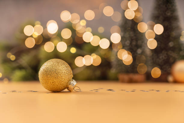Christmas background, Christmas ball on the desk. Christmas, Backgrounds, Christmas Ball, Defocused, Holiday - Event red green and gold christmas trees stock pictures, royalty-free photos & images