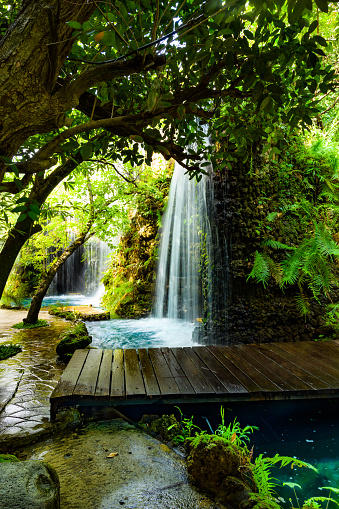 Waterfall and small wooden bridge in a shady garden, Chiang Mai province.