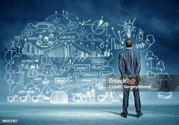 Rear View Of Businessman With Abstract Idea Sketch Stock Photo - Download Image Now - Adult, Beautiful People, Brainstorming