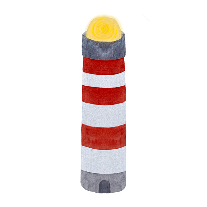 Watercolor hand painted lighthouse illustration isolated on white. Tourism, travel, voyage design. Clipart. High quality illustration for cards, banners, advertisements, invitations, guides, logos and decorations.