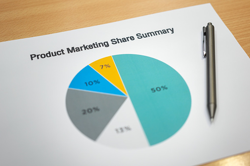 A ballpoint pen pen that placed on paper with pie chart data of product market sharing annual summary result on wooden table. Business and finance concept scene photo. selective focus.