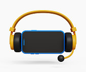 3D mobile with headset. Listening to music, streaming and podcast concept. Black screen smartphone with headphones. 3d illustration
