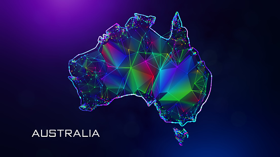 Futuristic Sweet Australia Map Polygonal Blue Purple Colorful Connected Lines Dots And Facet Wireframe Network With Text On Hazy Flare Bokeh Background