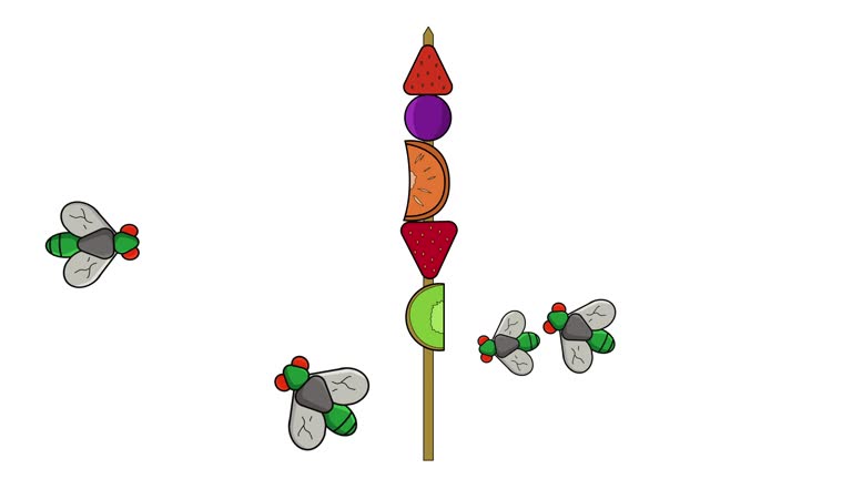 Animation of fruit satay being visited by flies