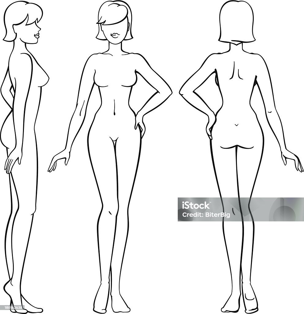 Mujer cuerpo: Frontal, lateral y trasera vista en contorno - arte vectorial de Vista de costado libre de derechos