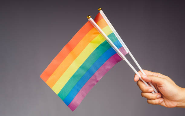 istock Rainbow flags showing in hand against a black background 1801626985