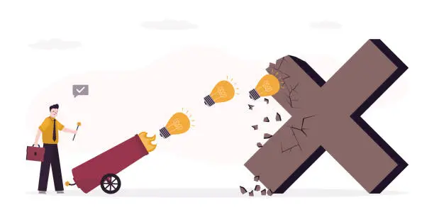 Vector illustration of Smart businessman shoots ideas from cannon at huge cross sign. Overcoming obstacles, eliminating mistakes through innovation or brainstorming. New ideas develop business,