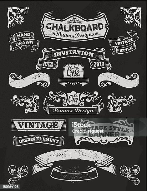 Chalkboard Design Elements Frames And Banners Stock Illustration - Download Image Now - Ribbon - Sewing Item, Chalk - Art Equipment, Chalkboard - Visual Aid