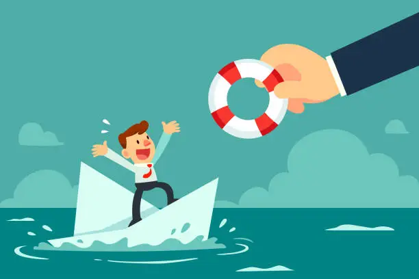 Vector illustration of helping hand give lifebuoy to businessman on sinking paper boat