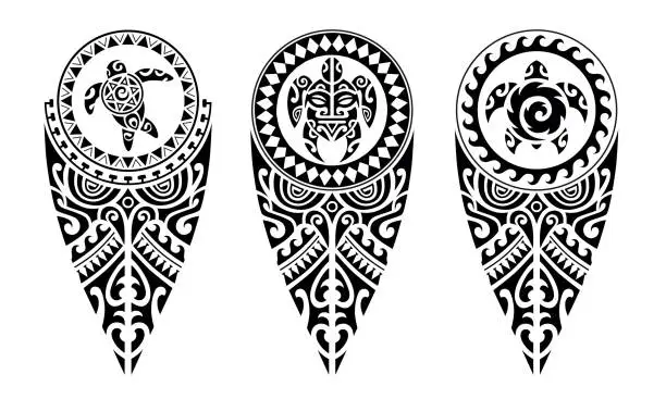 Vector illustration of Set of tattoo sketch maori style for leg or shoulder with turtle.