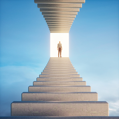 Man standing in front of a glowing portal . Start up and new opportunity concept . This is a 3d render illustration.