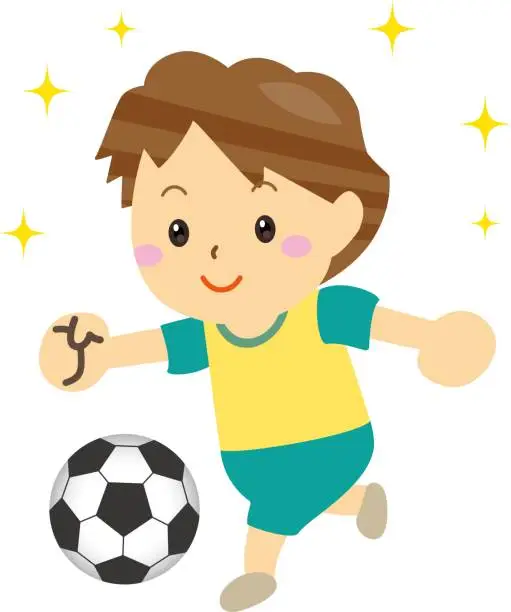 Vector illustration of Smiling child happily dribbling soccer / illustration material (vector illustration)