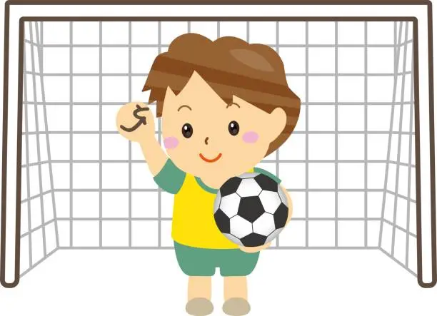 Vector illustration of child with soccer ball in front of goal / illustration material (vector illustration)