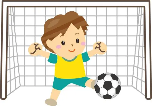 Vector illustration of Smiling child playing soccer in front of the goal / illustration material (vector illustration)
