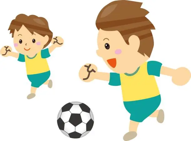 Vector illustration of Smiling children dribbling and passing a soccer ball / illustration material (vector illustration)