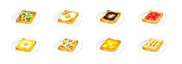 Set of arranged toast. Hand drawn watercolor illustration of food.