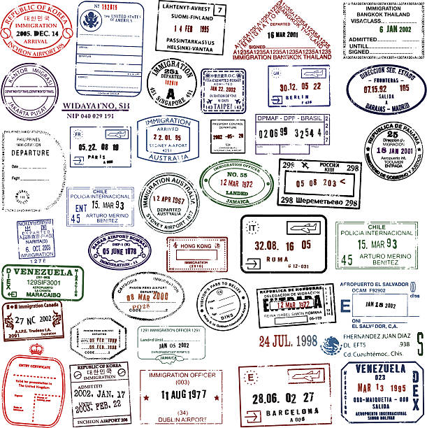 ilustraciones, imágenes clip art, dibujos animados e iconos de stock de colección de sellos de viajes super - passport stamp customs document emigration and immigration