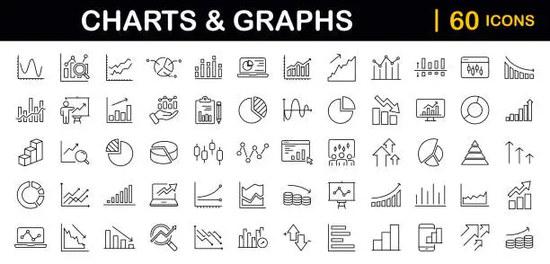 Vector illustration of Graphs and Graphs set of web icons in line style. Charts and diagram icons for web and mobile app. Business infographic, charts, statistics, growth, growing bar graph and more. Vector illustration