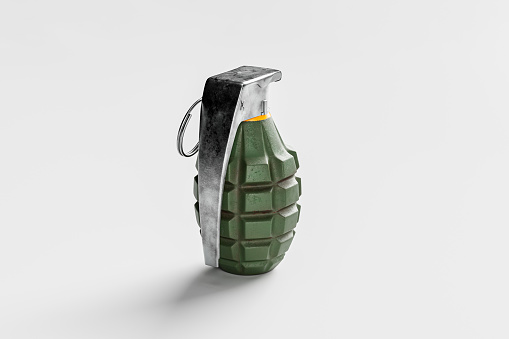 Isolated metal hand grenade with white background. A dangerous weapon of war, symbolizing violence. 3D illustration for military and combat equipment. Throw bomb