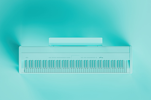 3d illustration digital piano or synthesizer made of teal colored material. Top view of 3d render of piano keys