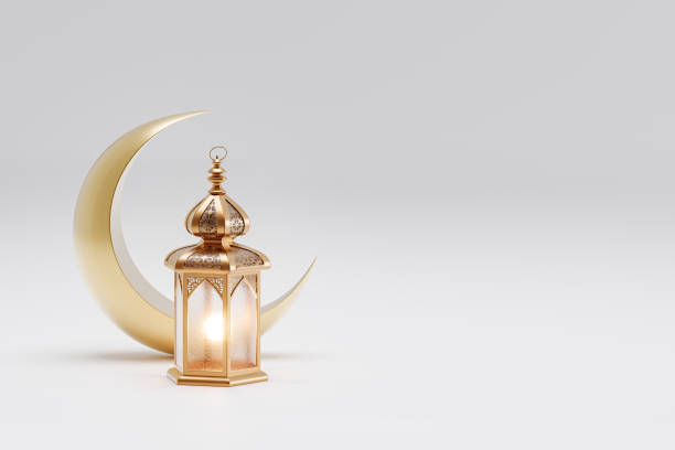 라마단 랜턴과 초승달이 있는 고립된 이슬람 배경의 3d 그림 - islam mosque moon crescent 뉴스 사진 이미지