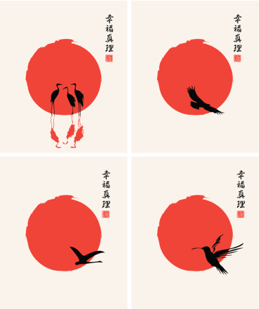 four pictures in the Japanese style with the sun and the different birds. Hieroglyphics Happiness and Truth