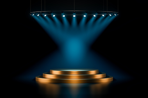 3d presentation pedestal illuminated by ray of spot light. 3d rendering of mockup of presentation podium for display or advertising purposes