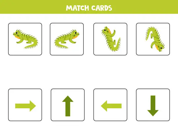 Vector illustration of Left, right, up or down. Spatial orientation with cute green iguana.