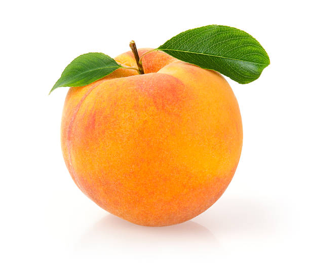Ripe Peach Single Peach with Leaf Isolated on White Background apricot stock pictures, royalty-free photos & images