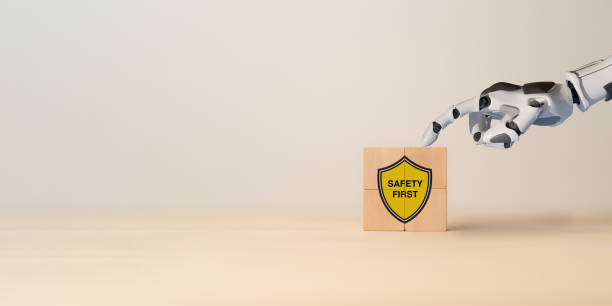 Technology for increasing workplace safety in industry concept. Safety first, workplace safety tech in production process with safety culture and training, protections, health care, regulations.