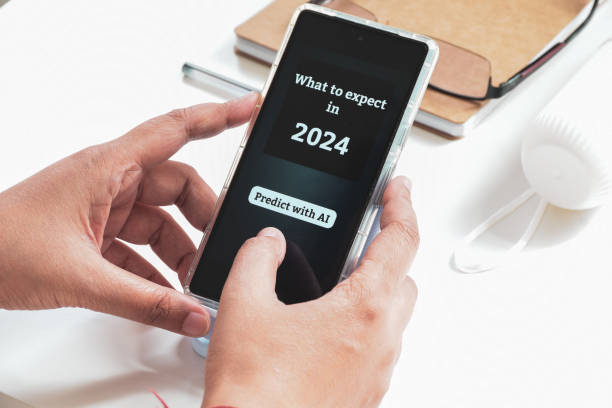 istock Woman using AI prediction mobile application on her phone to know the future. 2024 year expectations concept with artificial intelligence. 1801808012