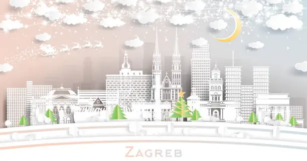 Vector illustration of Zagreb Croatia. Winter city skyline in paper cut style with snowflakes, moon and neon garland. Christmas and new year concept. Santa Claus on sleigh. Zagreb cityscape with landmarks.