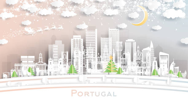 ilustrações de stock, clip art, desenhos animados e ícones de portugal. winter city skyline in paper cut style with snowflakes, moon and neon garland. christmas and new year concept. santa claus on sleigh. portugal cityscape with landmarks. - natal lisboa