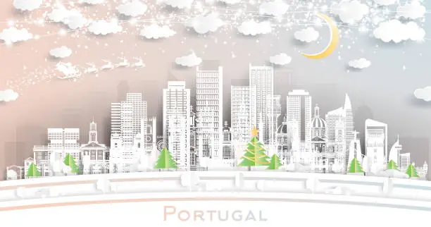 Vector illustration of Portugal. Winter city skyline in paper cut style with snowflakes, moon and neon garland. Christmas and new year concept. Santa Claus on sleigh. Portugal cityscape with landmarks.