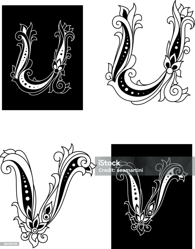 Lettres U, V de style rétro floral - clipart vectoriel de Abstrait libre de droits