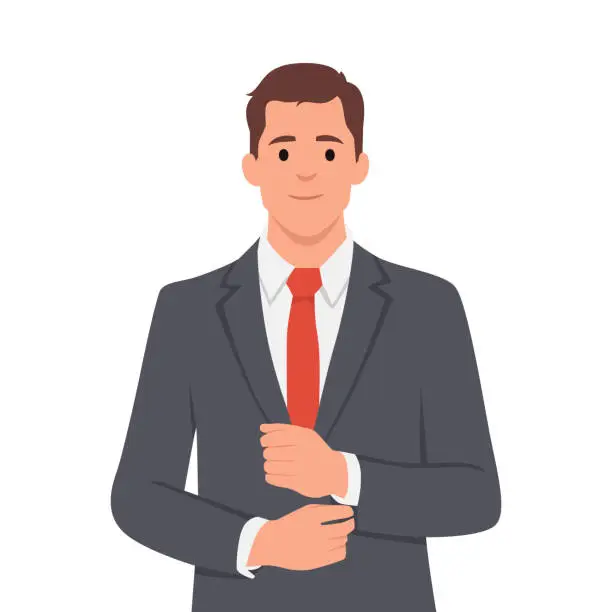 Vector illustration of Young confident businessman in suit and tie feel successful and motivated. Self-confident male boss or CEO wearing formalwear show leadership qualities.