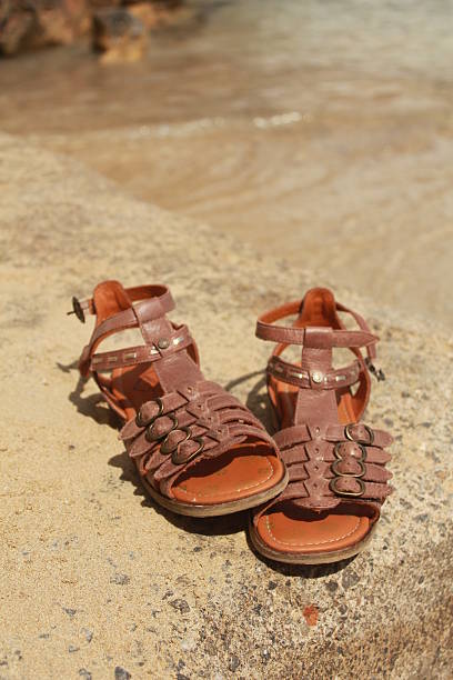 Sandals by the beach Pair of brown leather gladiator-style sandals on a concrete step at the beach. gladiator shoe stock pictures, royalty-free photos & images