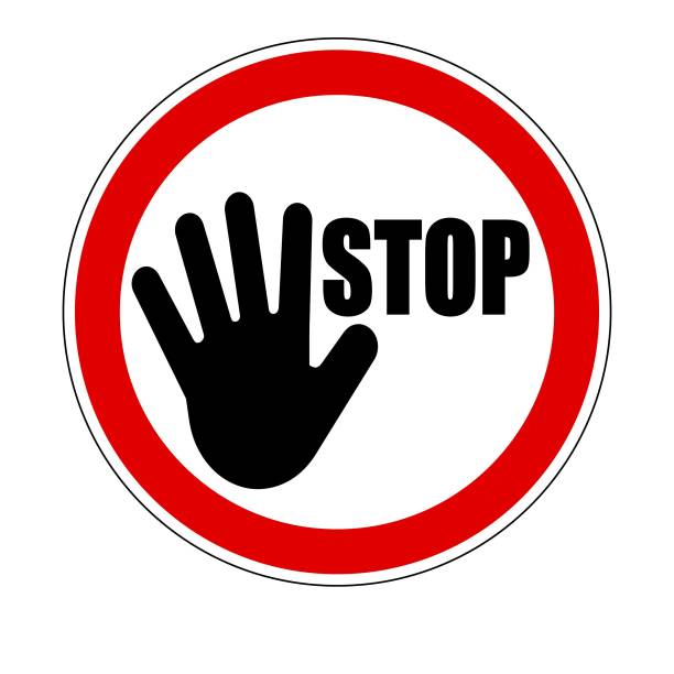 istock Stop hand sign, with symbol and word inside the ban circle 1801860503